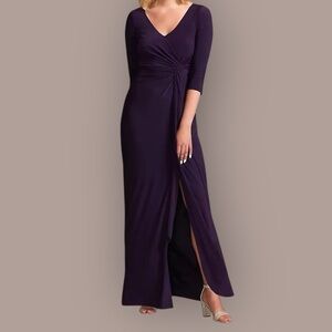 OLEG CASSINI
Three-Quarter Sleeve Wrap Front Sheath Gown
Size 22W Color:eggplant